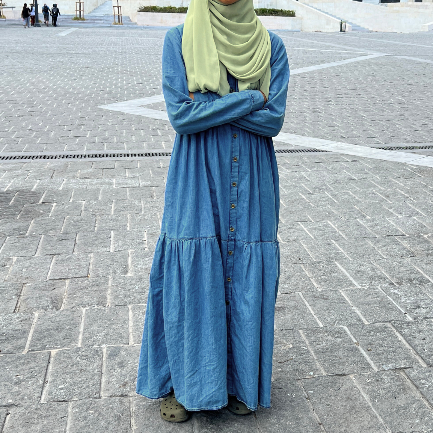 Girls Lightweight Cotton Denim Tiered Maxi Dress Abaya - Modest Dressing