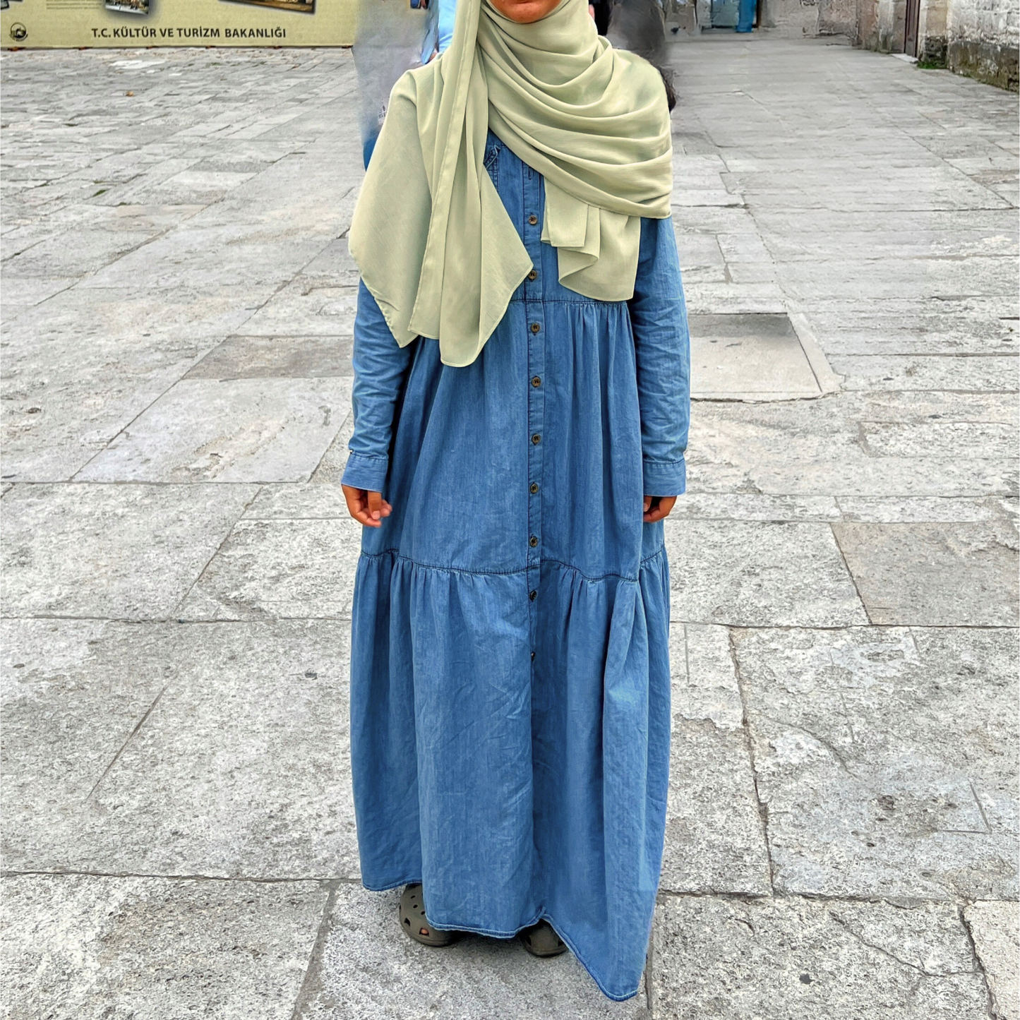 Girls Lightweight Cotton Denim Tiered Maxi Dress Abaya - Modest Dressing