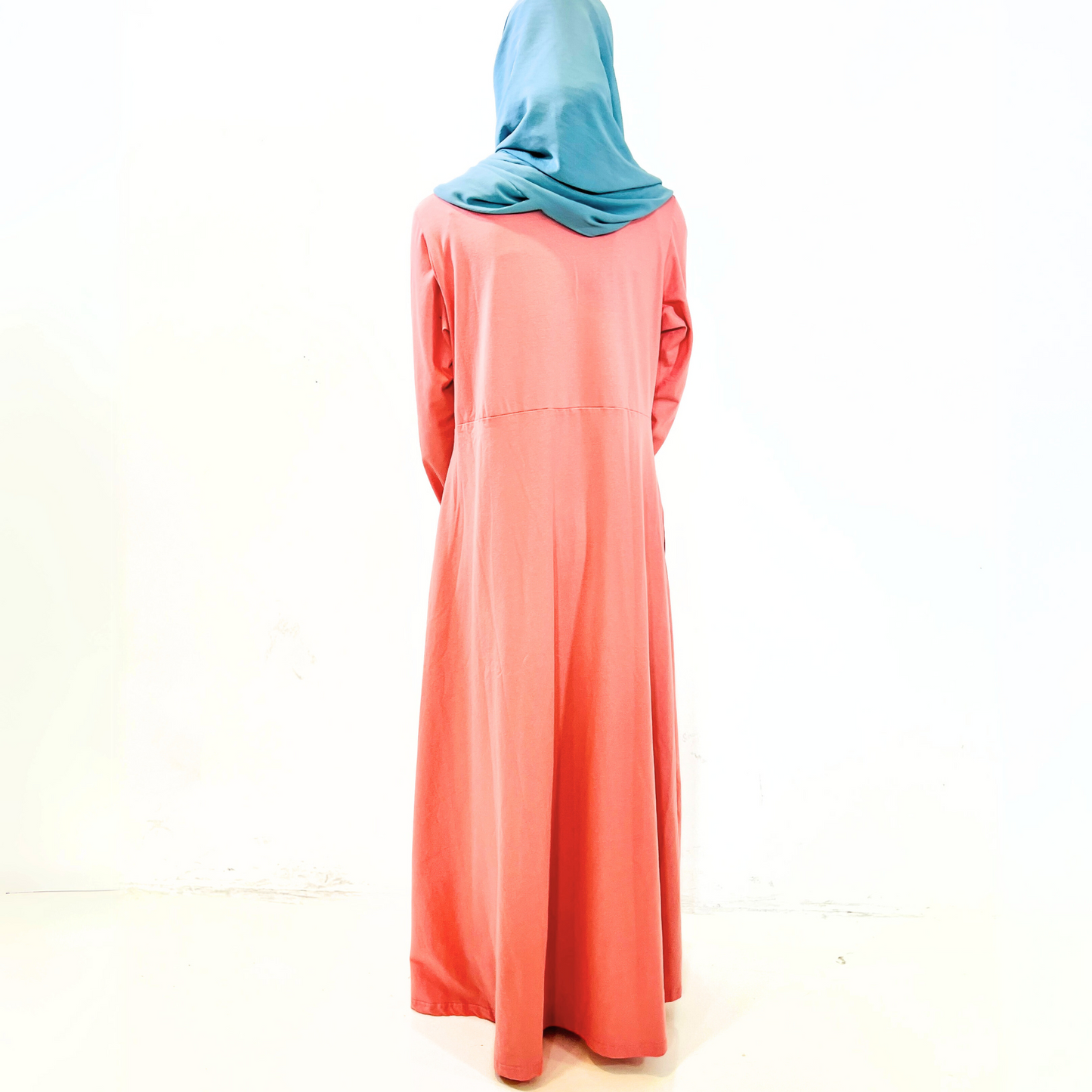 Girls Peach Long Sleeve Cotton Jersey Empire Waist Maxi Dress Abaya w/ 2 Pockets