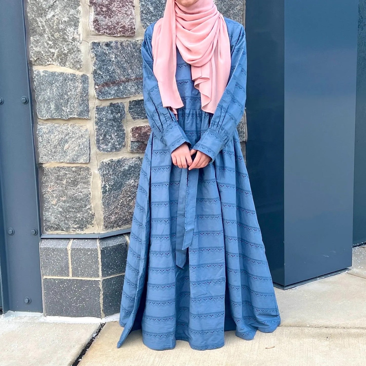 Girls Blue Cotton Eyelet Lace Maxi Dress - Elegant & Modest Partywear for Girls
