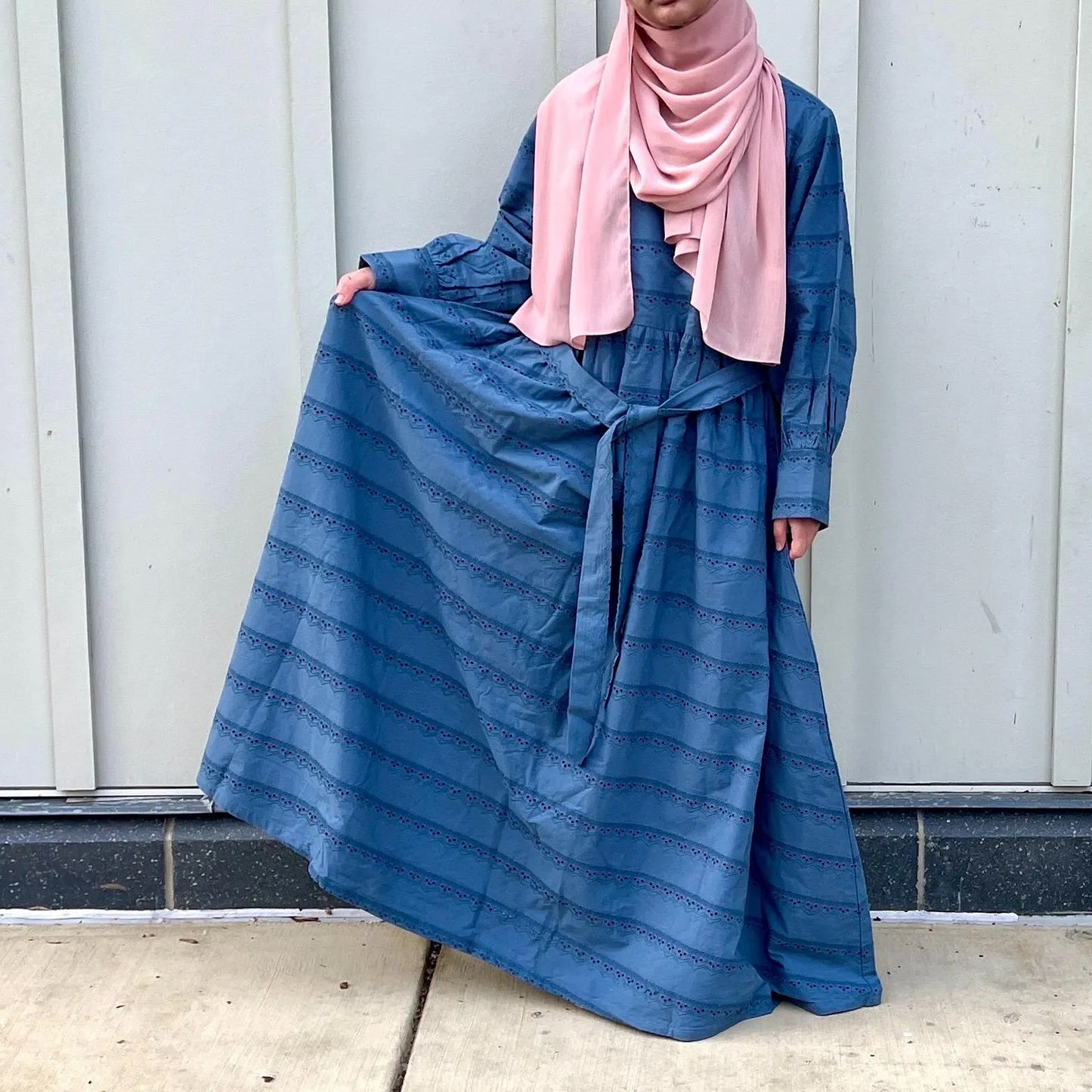 Girls Blue Cotton Eyelet Lace Maxi Dress - Elegant & Modest Partywear for Girls