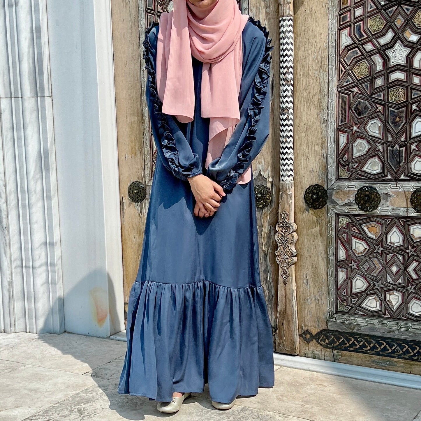 Girls Blue Grey Satin Ruffled Sleeve Maxi Dress Abaya - Modest Formalwear for Teens & Tweens
