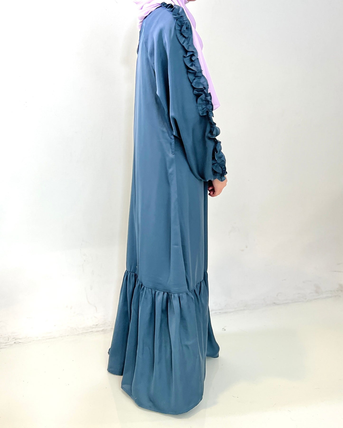 Girls Blue Grey Satin Ruffled Sleeve Maxi Dress Abaya - Modest Formalwear for Teens & Tweens