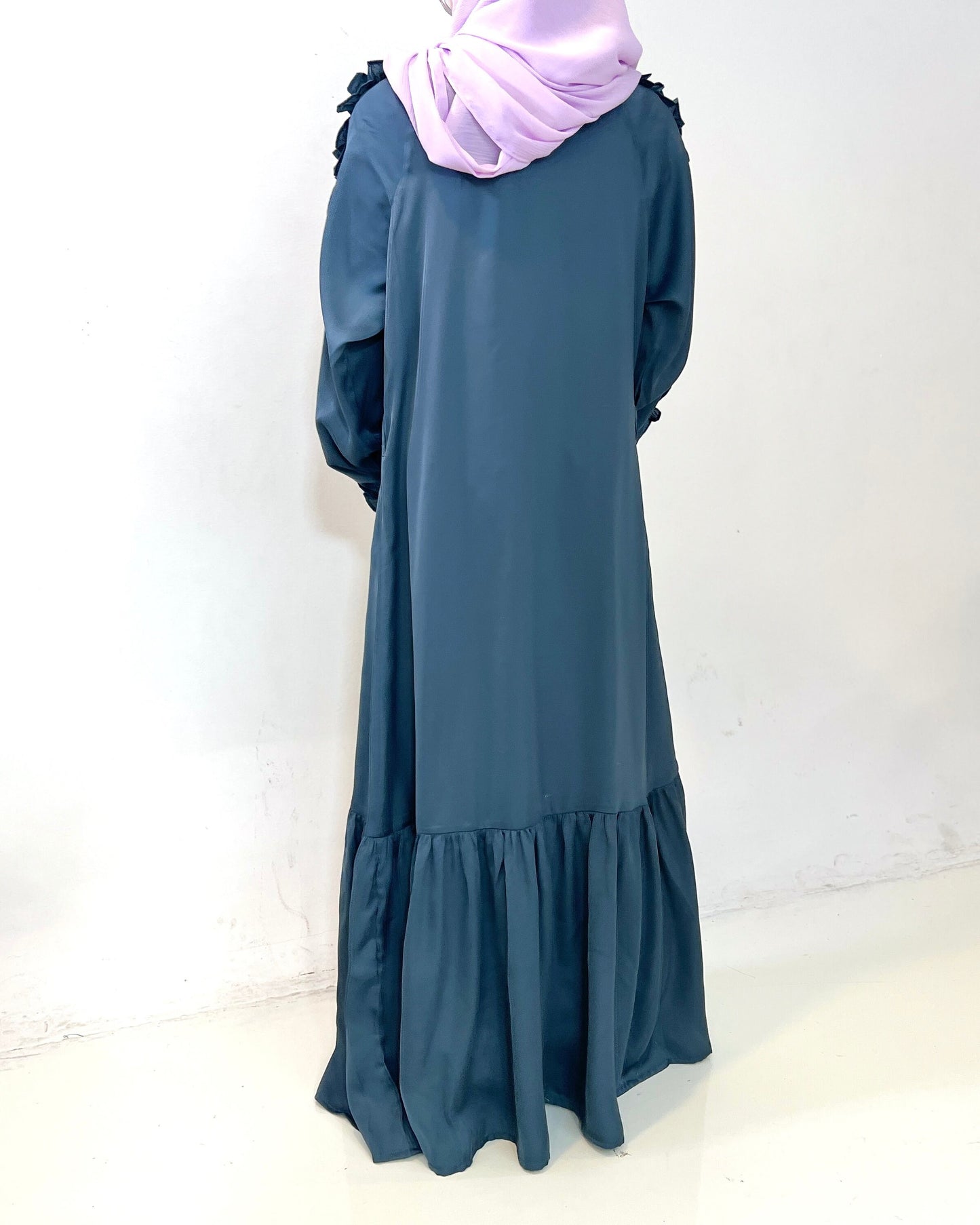 Girls Blue Grey Satin Ruffled Sleeve Maxi Dress Abaya - Modest Formalwear for Teens & Tweens