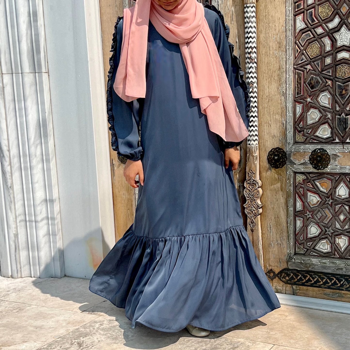 Girls Blue Grey Satin Ruffled Sleeve Maxi Dress Abaya - Modest Formalwear for Teens & Tweens