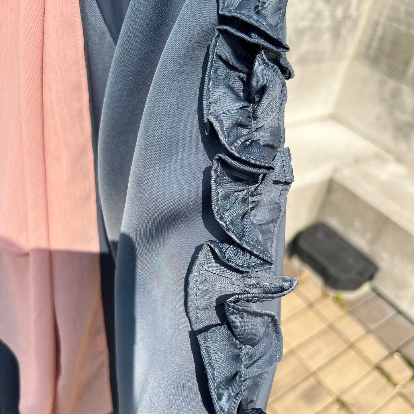Girls Blue Grey Satin Ruffled Sleeve Maxi Dress Abaya - Modest Formalwear for Teens & Tweens