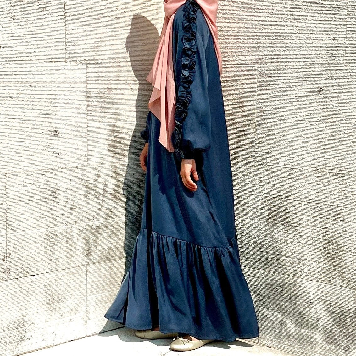 Girls Blue Grey Satin Ruffled Sleeve Maxi Dress Abaya - Modest Formalwear for Teens & Tweens