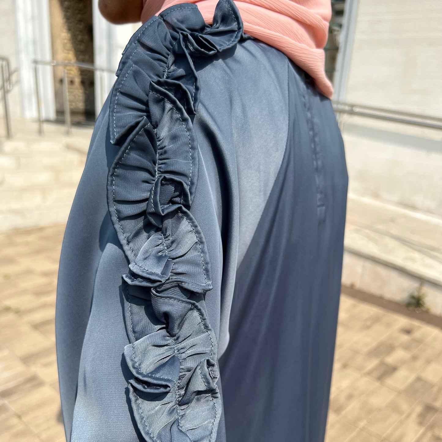 Girls Blue Grey Satin Ruffled Sleeve Maxi Dress Abaya - Modest Formalwear for Teens & Tweens