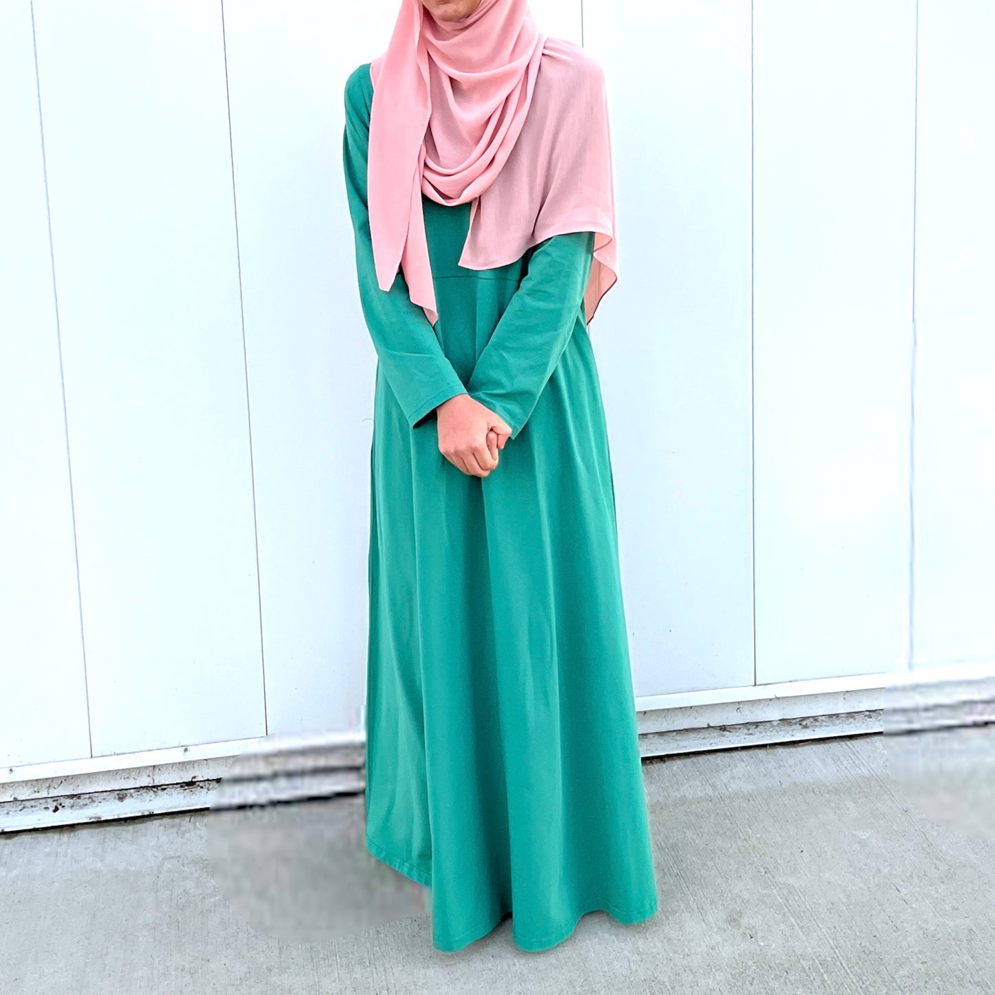 Girls Peach Long Sleeve Cotton Jersey Empire Waist Maxi Dress Abaya w/ 2 Pockets