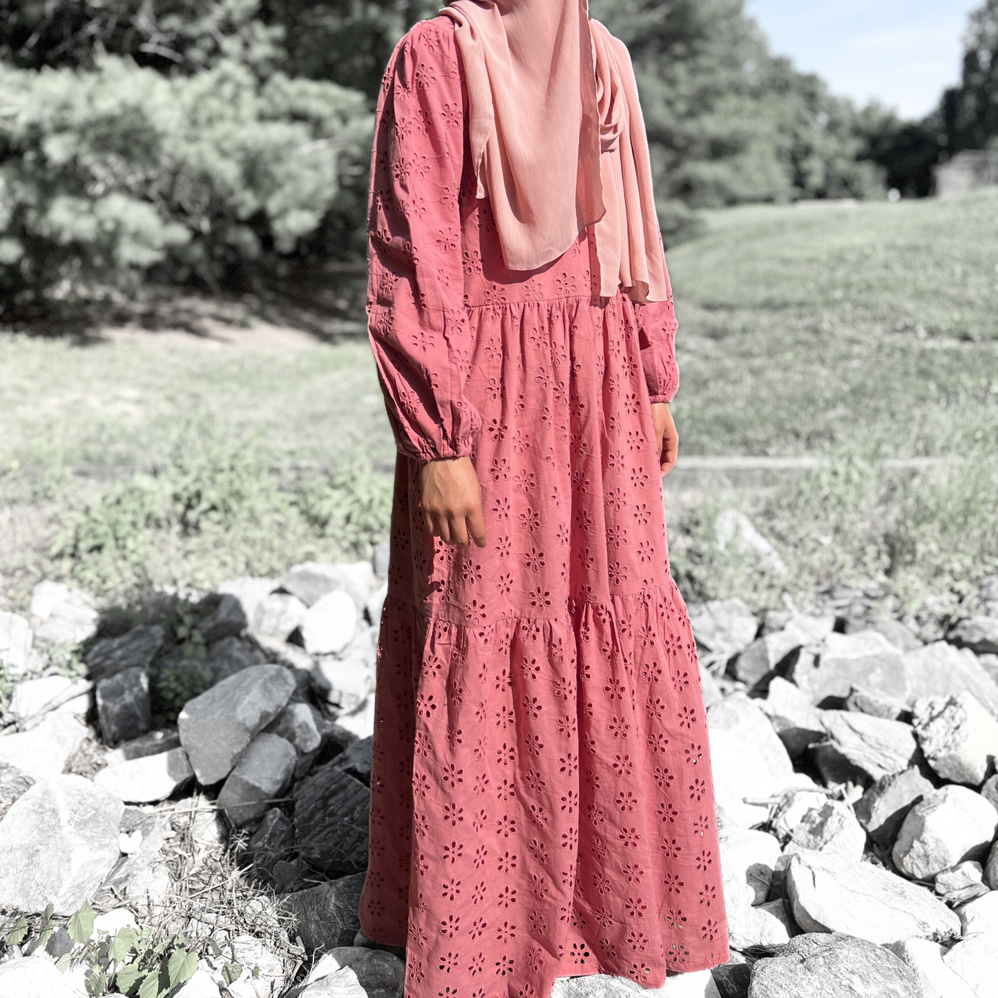 Girl's Long Sleeve Peach Cotton Eyelet Maxi Dress - Fully Lined - Modest Formalwear for Teens & Tweens
