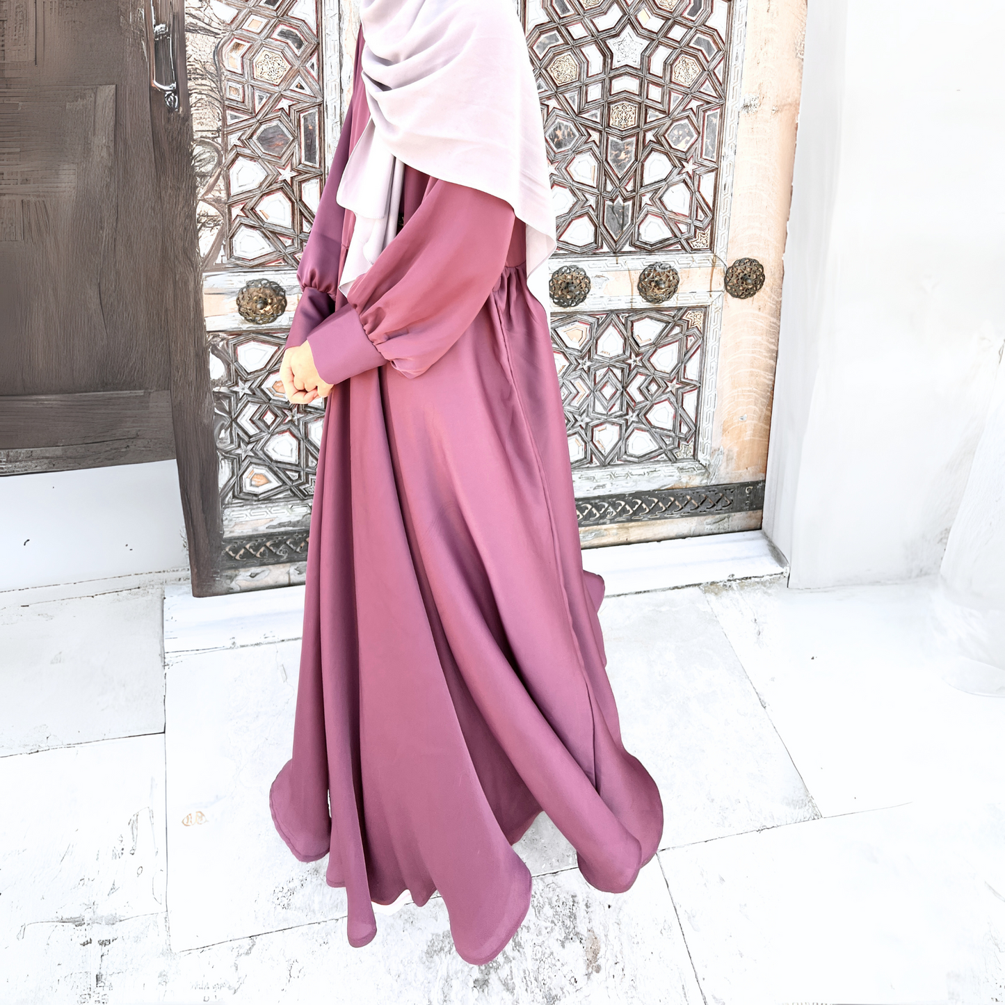 Girls Long Sleeve Satin Rose Pink A-Line Maxi Dress Abaya- Modest Formalwear for Teens & Tweens