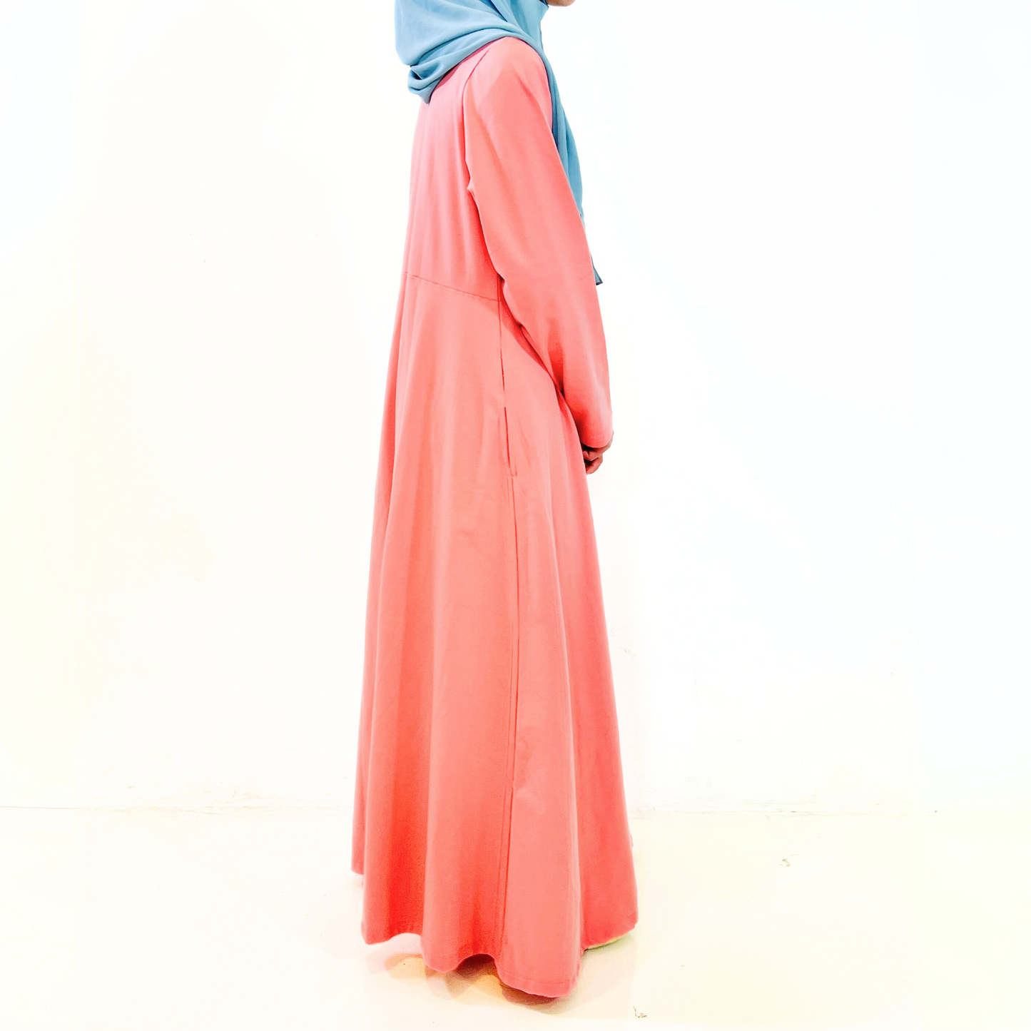 Girls Peach Long Sleeve Cotton Jersey Empire Waist Maxi Dress Abaya w/ 2 Pockets
