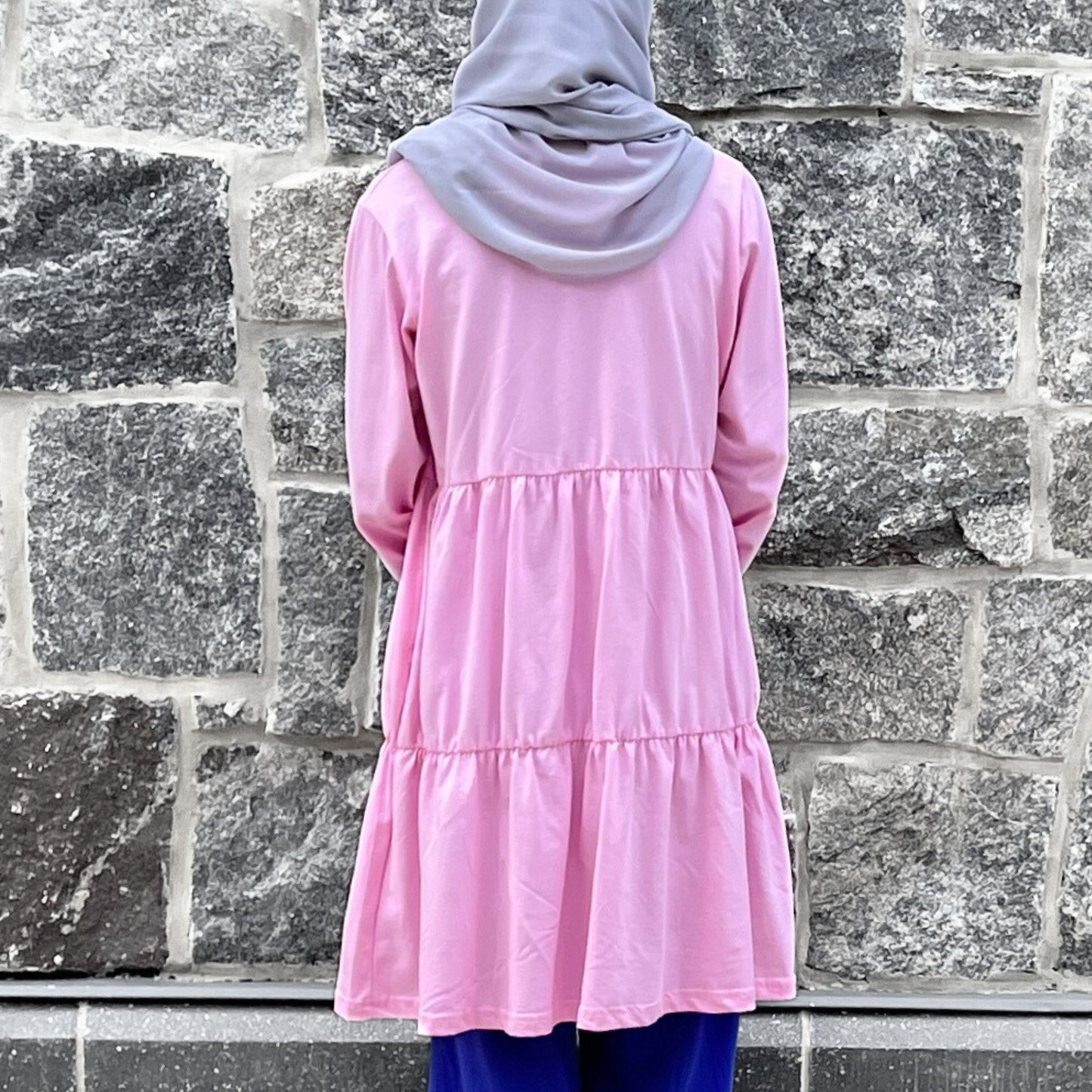 Girls Long Sleeve Pink Tiered Cotton Shirt w/ Pockets - Modest Casualwear for Teens & Tweens