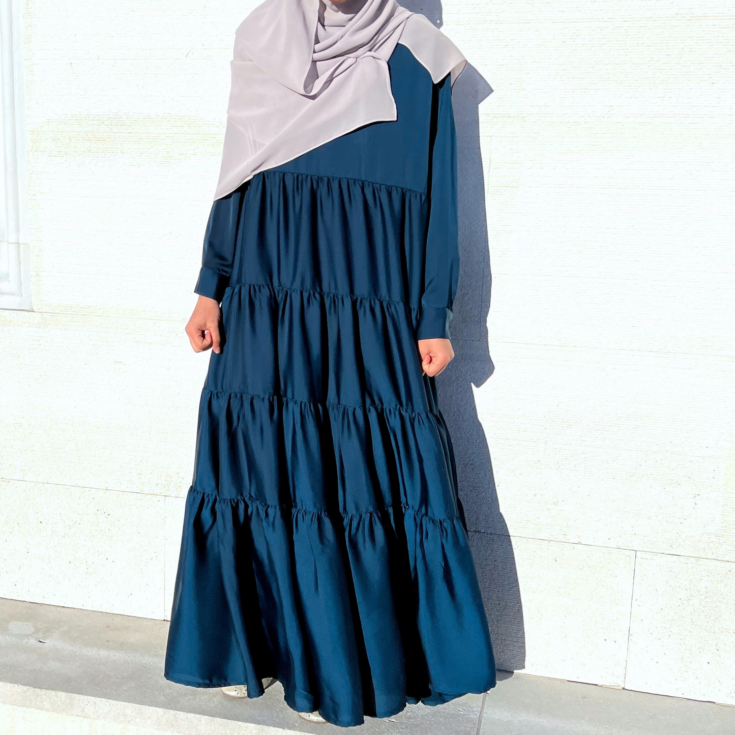 Girls Long Sleeve Teal Blue Satin Tiered Maxi Dress - Modest Formalwear for Teens & Tweens