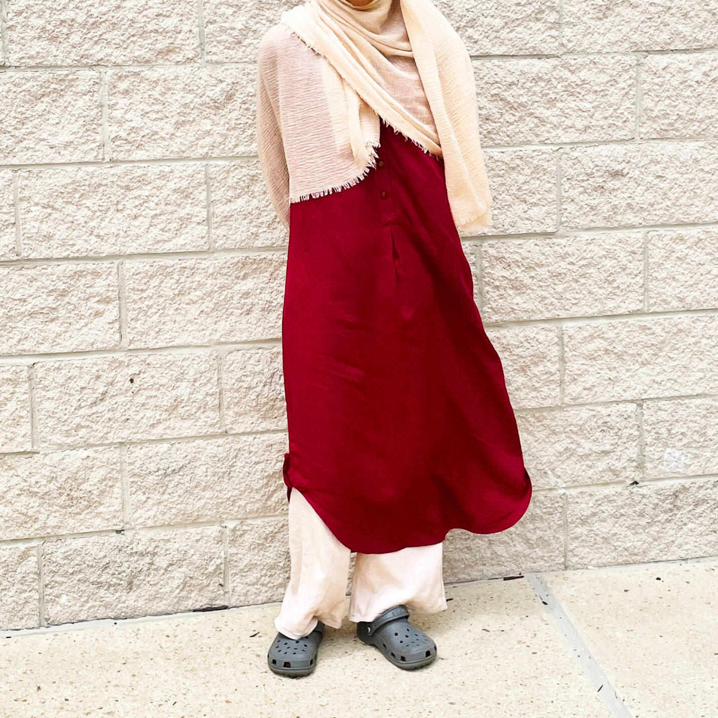Girls Deep Red Long Sleeve Tunic with Button Yoke - Modest Casualwear for Teens & Tweens