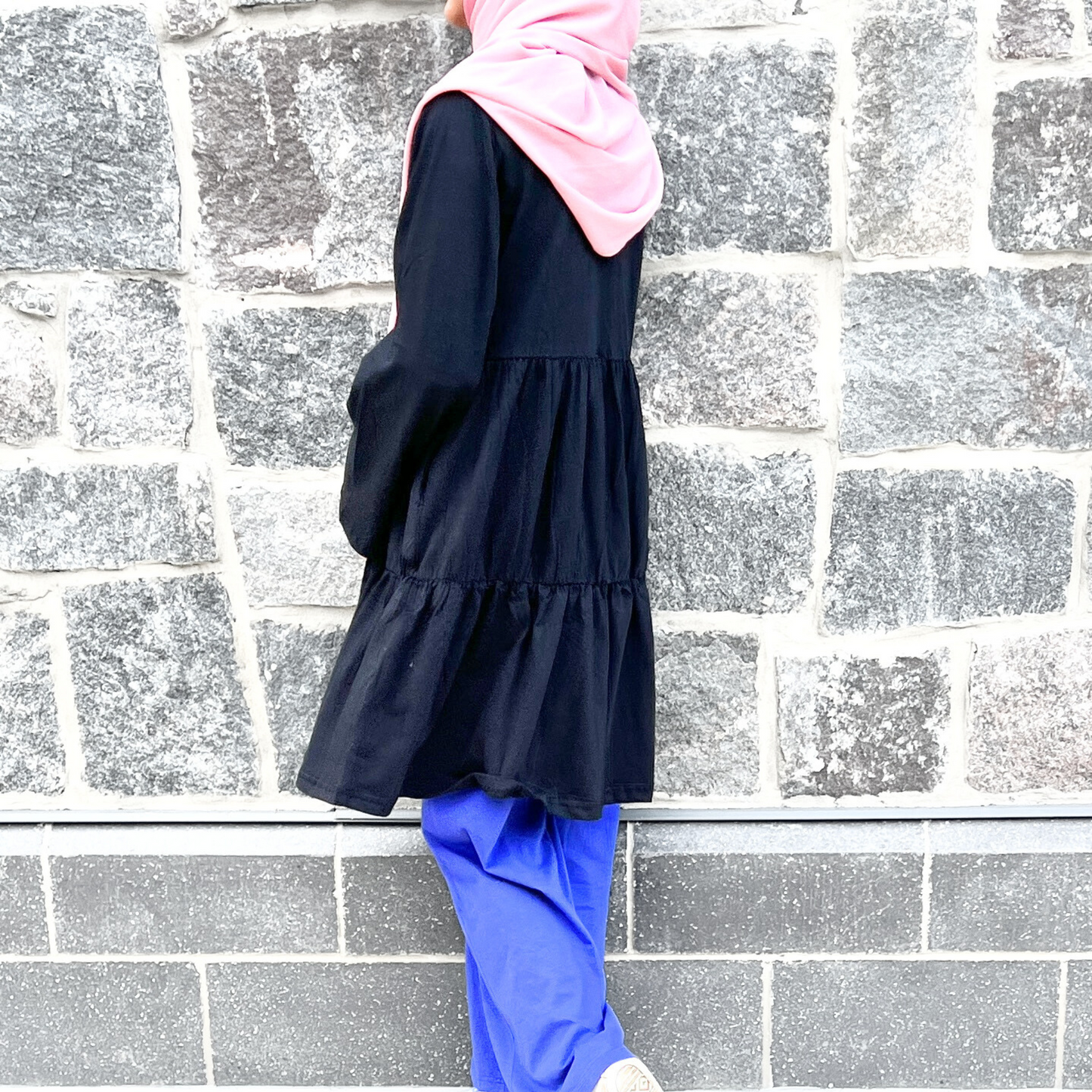 Girls Long Sleeve Black Tiered Cotton Shirt w/2 Pockets - Modest Casualwear for Teens & Tweens