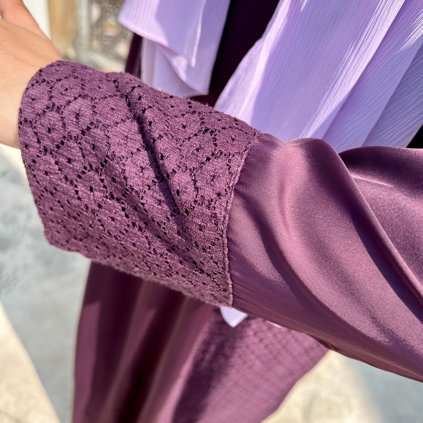 Girls Purple Long Sleeve Satin Lace Maxi Dress Abaya - Modest Formalwear for Teens & Tweens