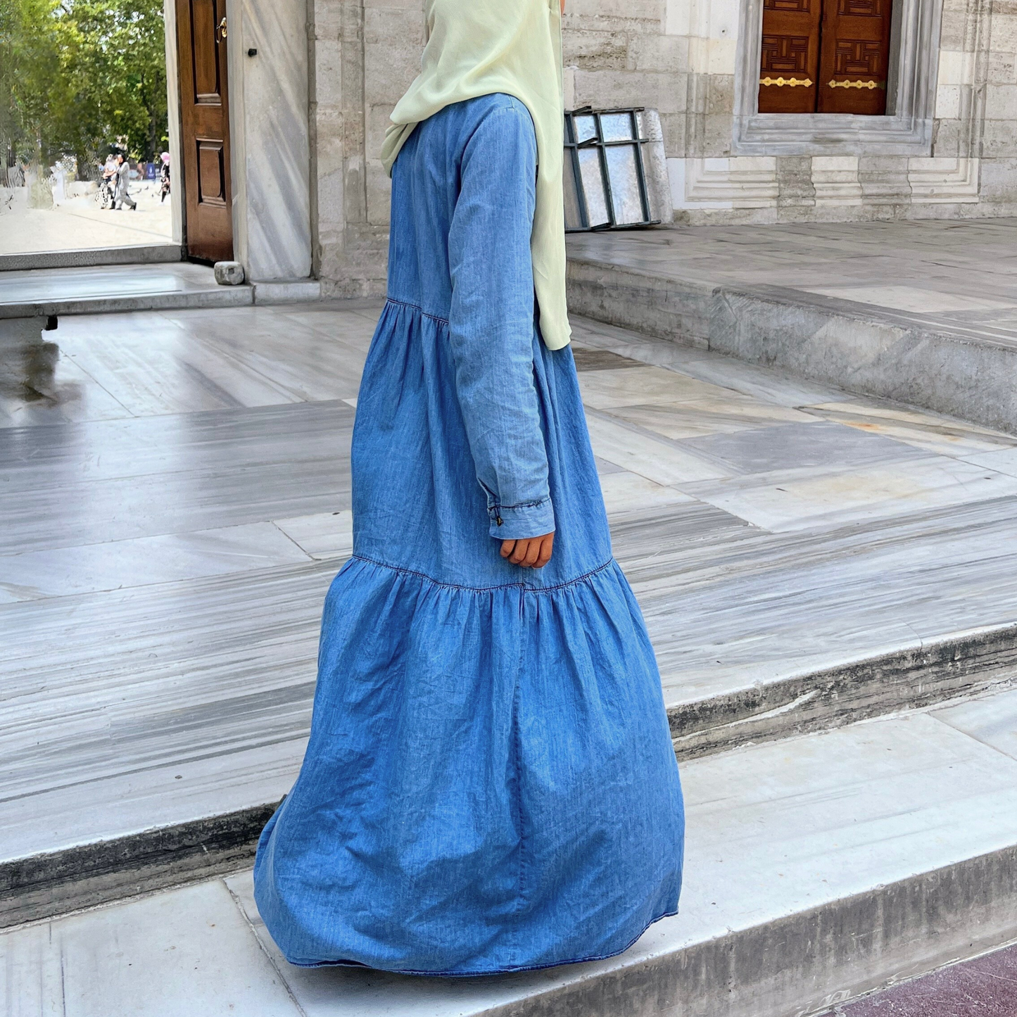 Girls Lightweight Cotton Denim Tiered Maxi Dress Abaya - Modest Dressing