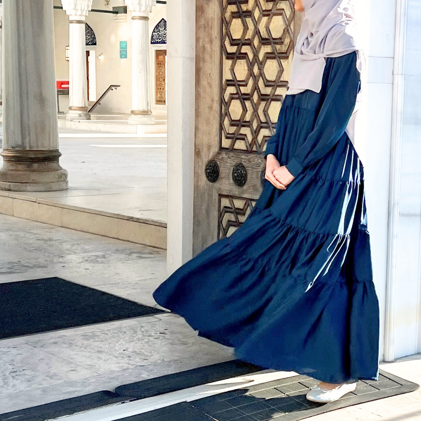 Girls Long Sleeve Teal Blue Satin Tiered Maxi Dress - Modest Formalwear for Teens & Tweens