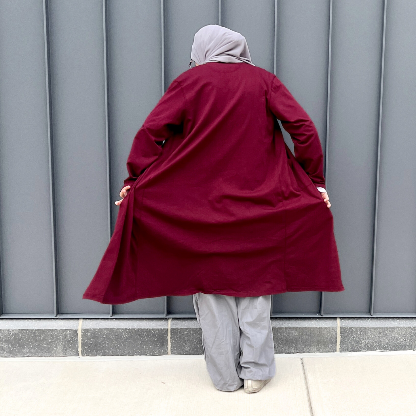Girls Maroon 100% Cotton Jersey Open Front Cardigan Abaya w/Pockets- Knee Length