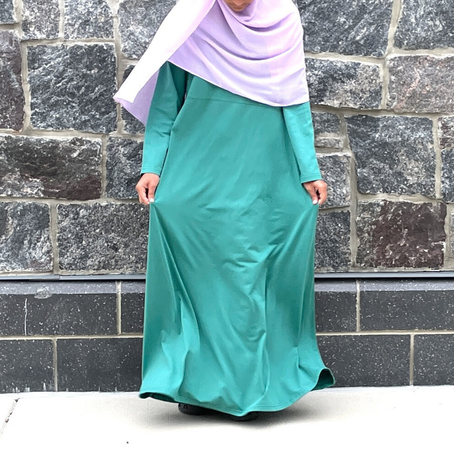 Girls Sea-Green Cotton Jersey Long Sleeve A-Line Maxi Dress Abaya with 2 Pockets- Modest Dressing