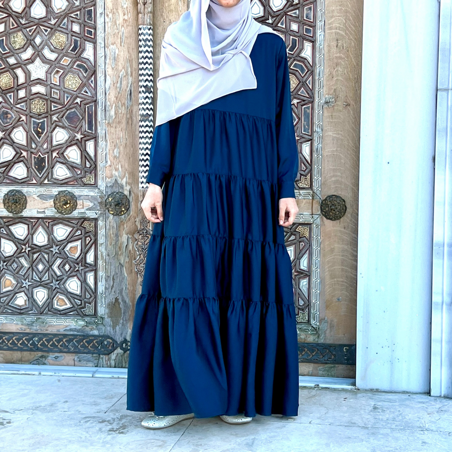 Girls Long Sleeve Teal Blue Satin Tiered Maxi Dress - Modest Formalwear for Teens & Tweens