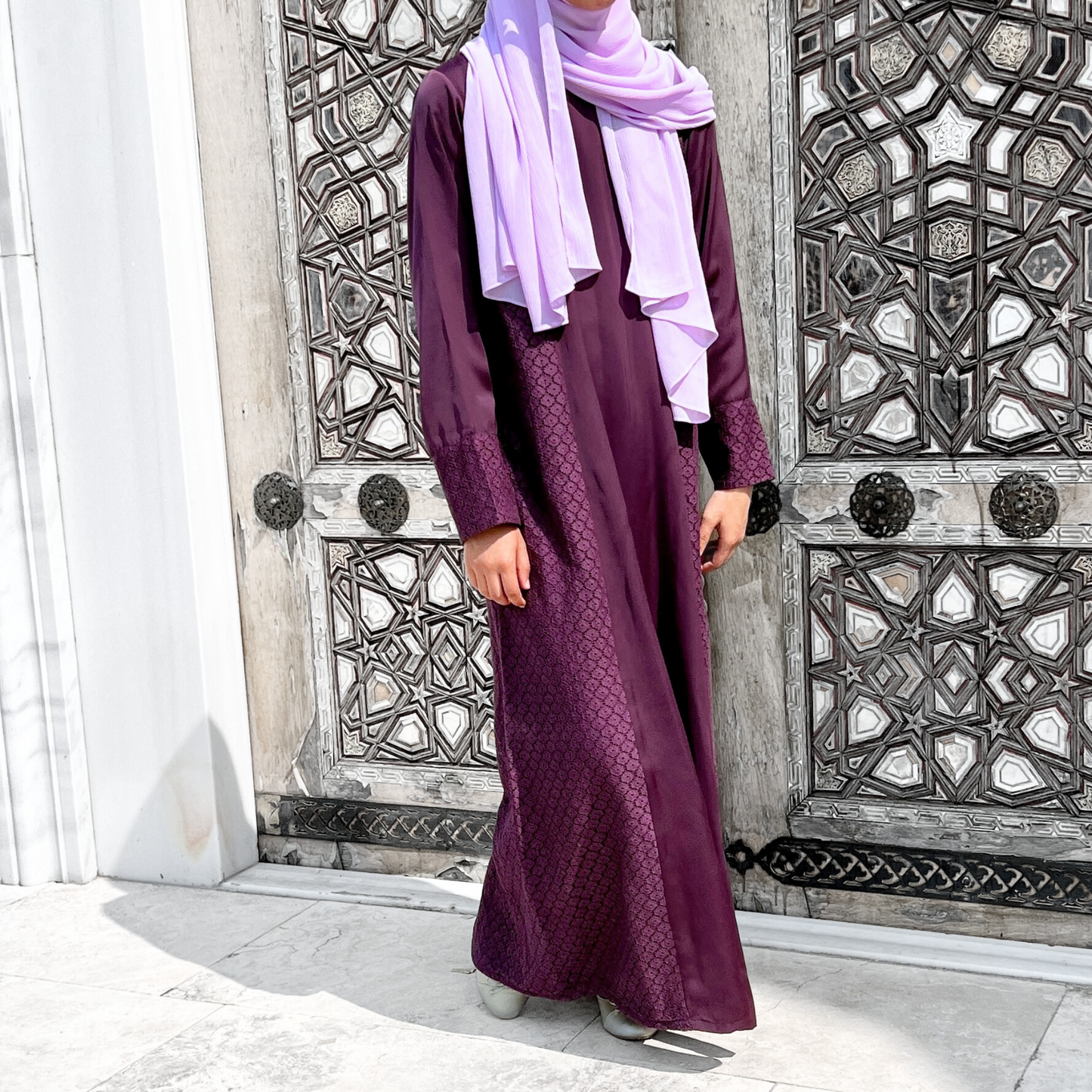 Girls Purple Long Sleeve Satin Lace Maxi Dress Abaya - Modest Formalwear for Teens & Tweens