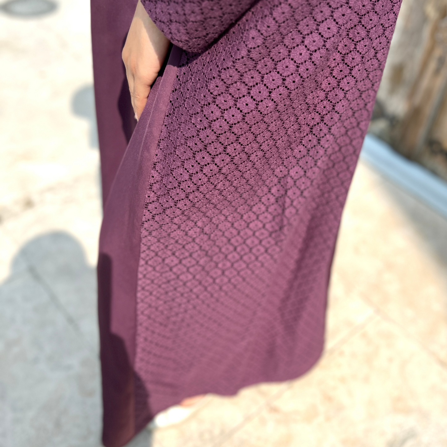 Girls Purple Long Sleeve Satin Lace Maxi Dress Abaya - Modest Formalwear for Teens & Tweens