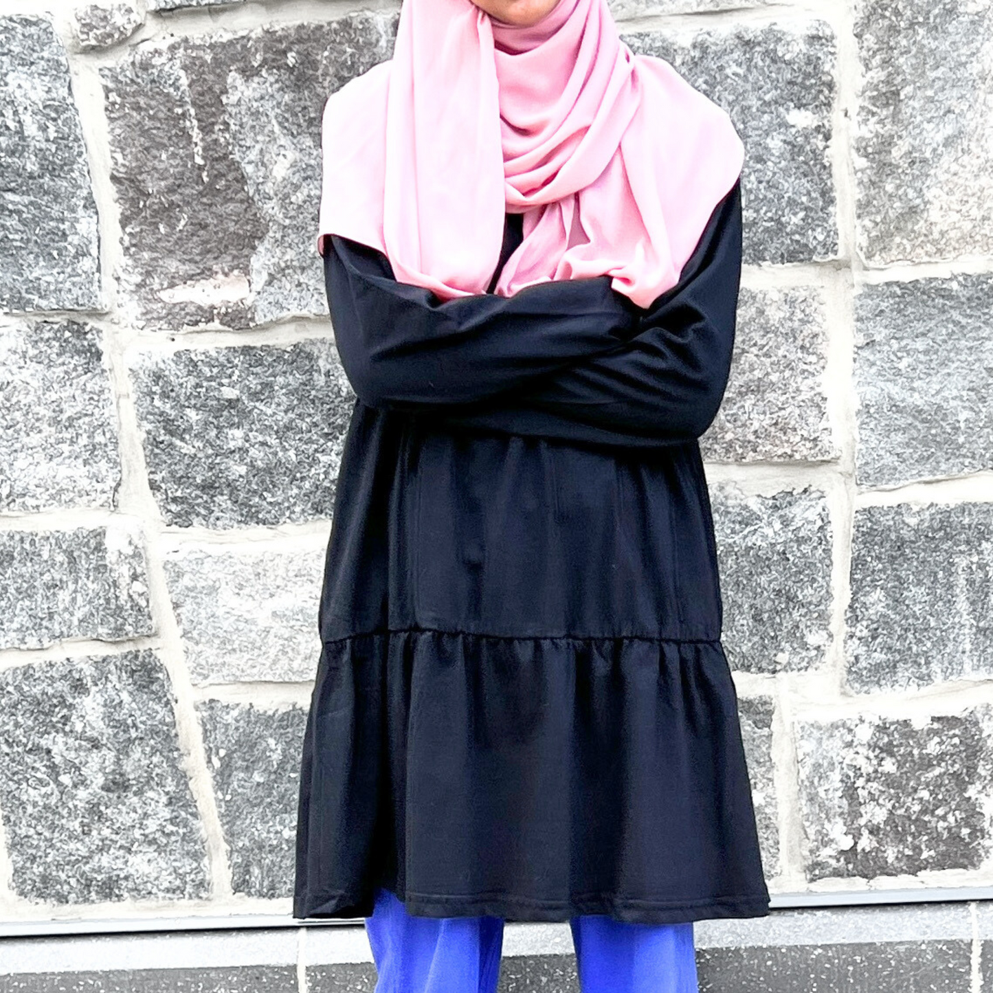 Girls Long Sleeve Black Tiered Cotton Shirt w/2 Pockets - Modest Casualwear for Teens & Tweens