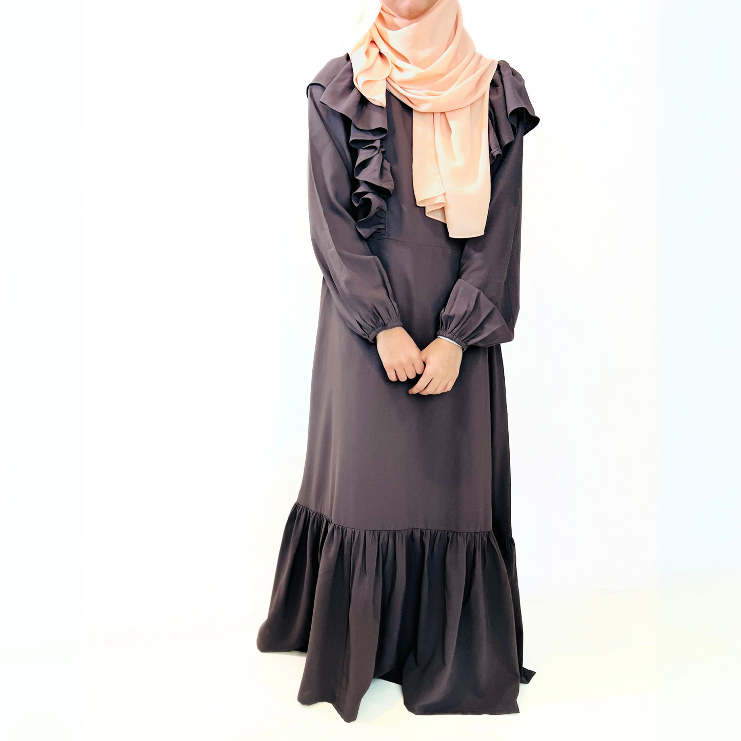 Girls Long Sleeve Smoky Grey Purple Ruffled Maxi Dress - Modest Formalwear for Teens & Tweens