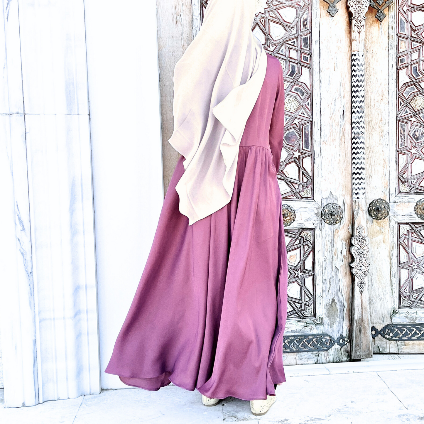 Girls Long Sleeve Satin Rose Pink A-Line Maxi Dress Abaya- Modest Formalwear for Teens & Tweens