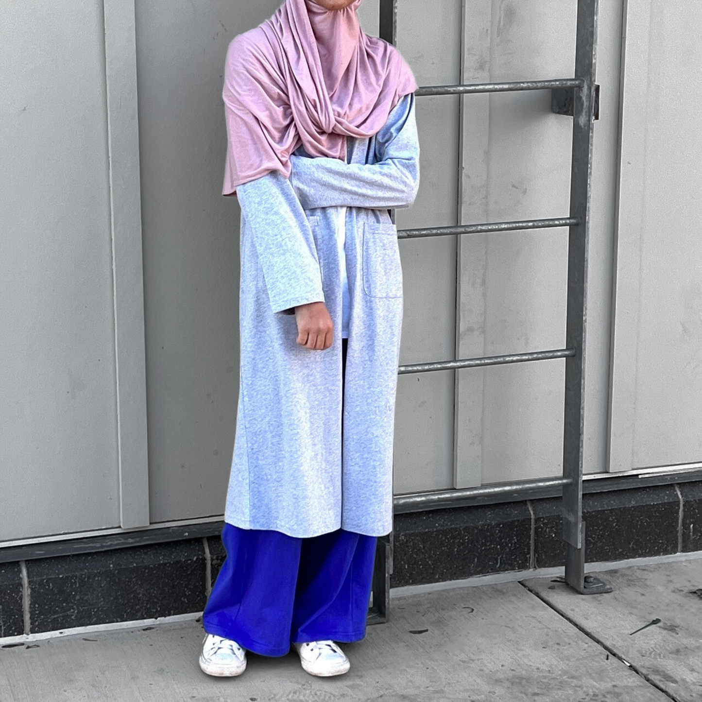 Girls Grey 100% Cotton Jersey Open Front Cardigan Abaya