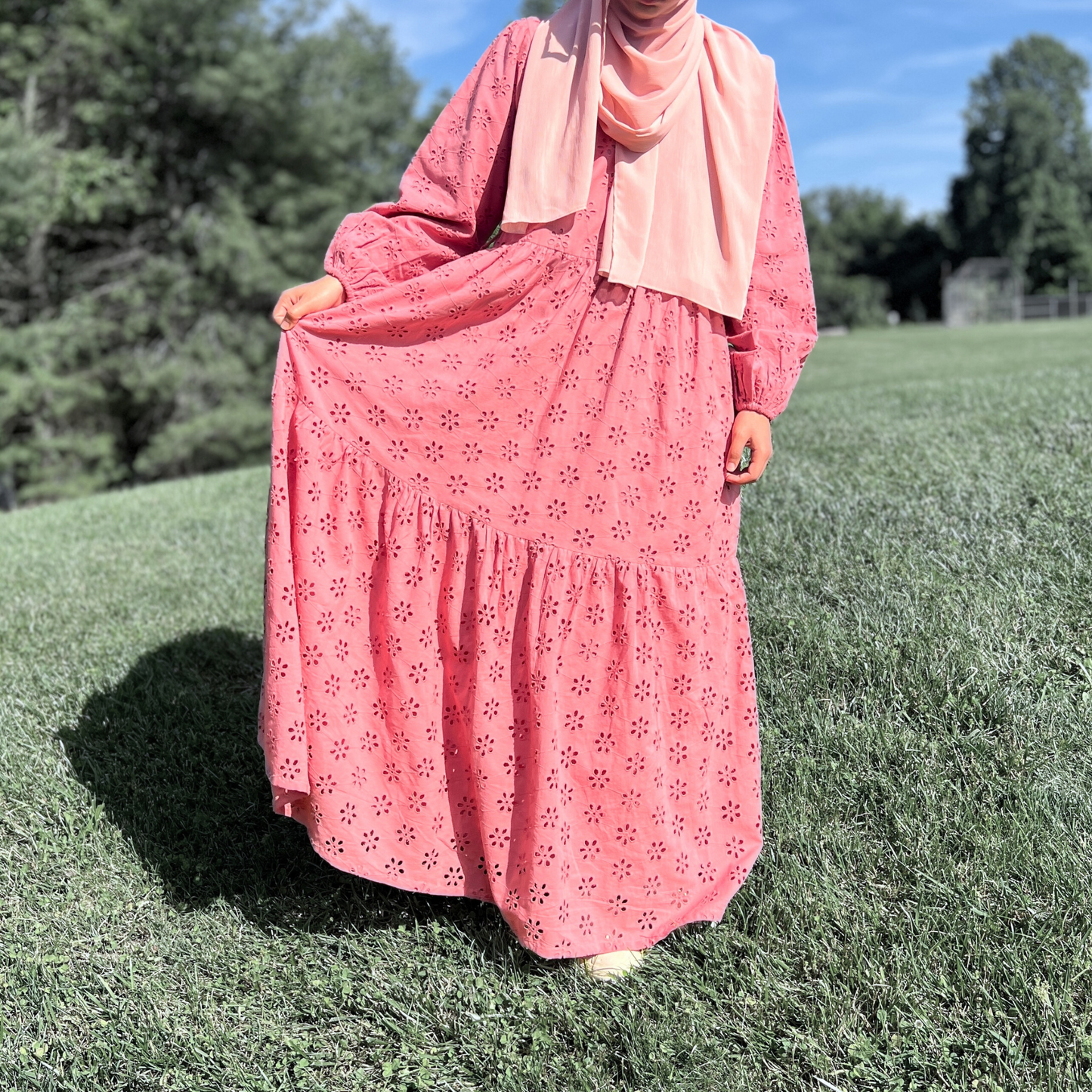 Girl's Long Sleeve Peach Cotton Eyelet Maxi Dress - Fully Lined - Modest Formalwear for Teens & Tweens