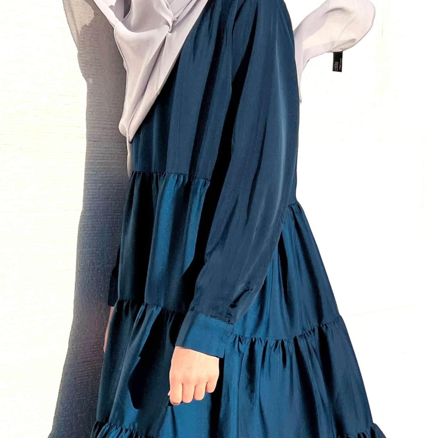 Girls Long Sleeve Teal Blue Satin Tiered Maxi Dress - Modest Formalwear for Teens & Tweens