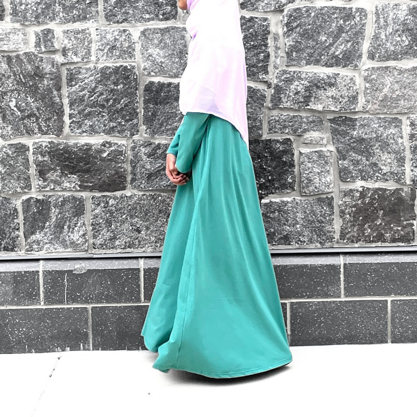 Girls Sea-Green Cotton Jersey Long Sleeve A-Line Maxi Dress Abaya with 2 Pockets- Modest Dressing