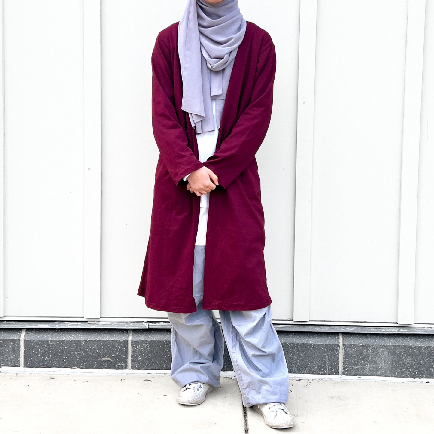 Girls Maroon 100% Cotton Jersey Open Front Cardigan Abaya w/Pockets- Knee Length