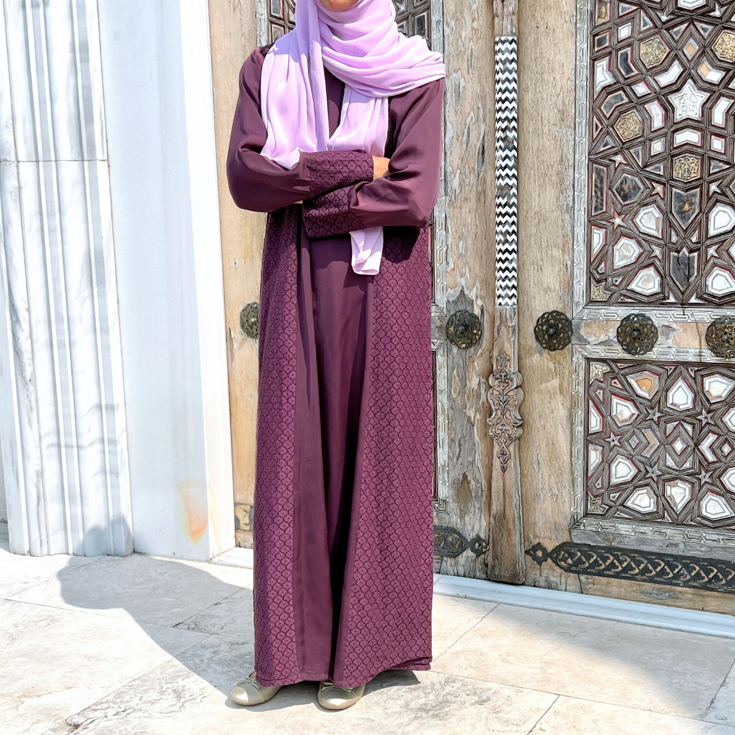 Girls Purple Long Sleeve Satin Lace Maxi Dress Abaya - Modest Formalwear for Teens & Tweens