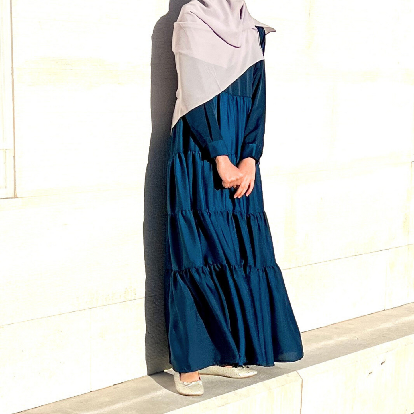 Girls Long Sleeve Teal Blue Satin Tiered Maxi Dress - Modest Formalwear for Teens & Tweens