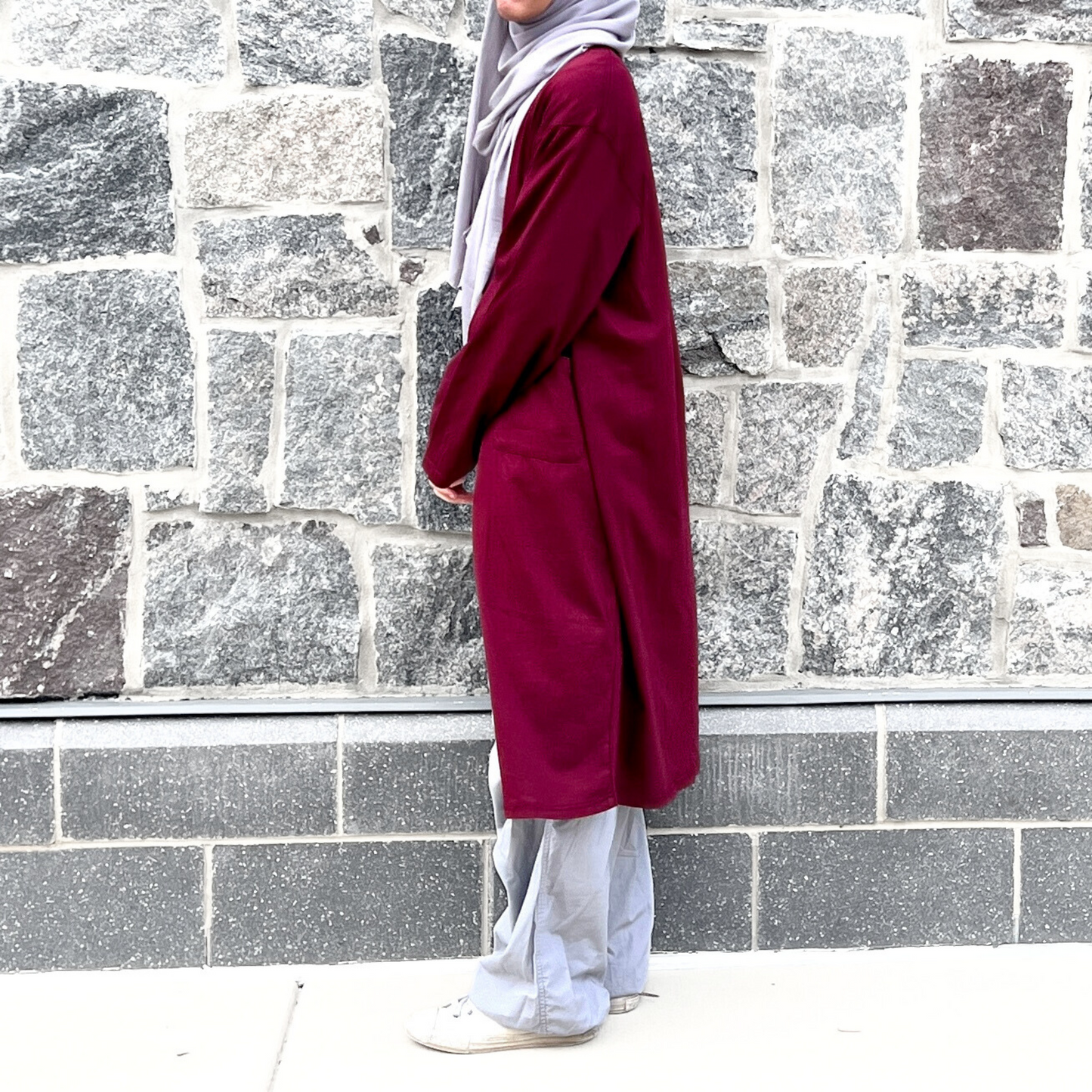 Girls Maroon 100% Cotton Jersey Open Front Cardigan Abaya w/Pockets- Knee Length