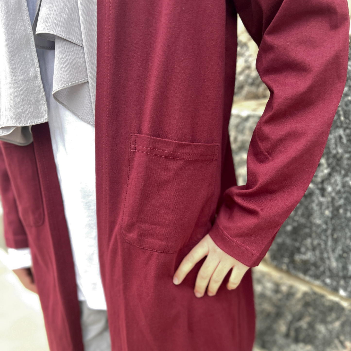 Girls Maroon 100% Cotton Jersey Open Front Cardigan Abaya w/Pockets- Knee Length