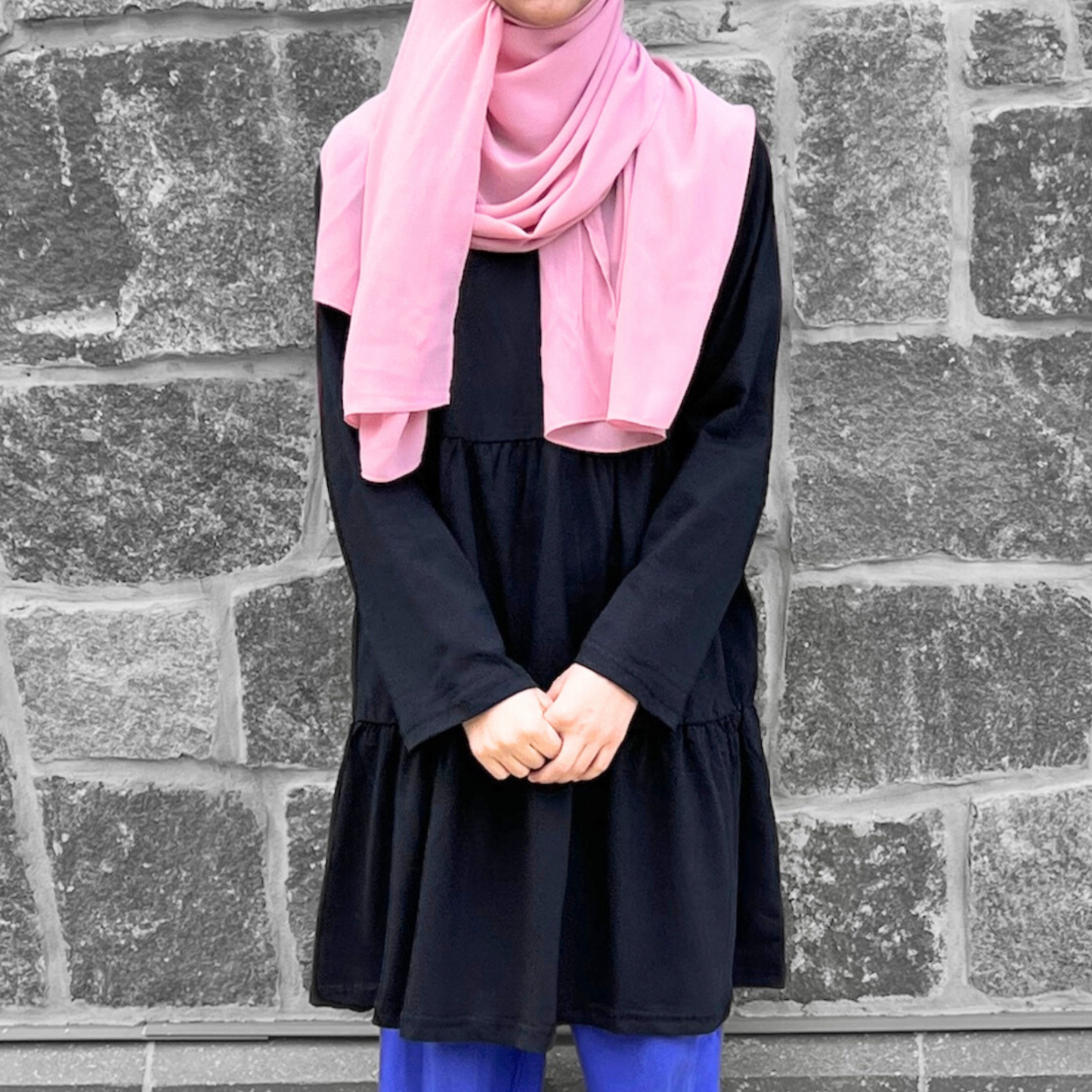 Girls Long Sleeve Black Tiered Cotton Shirt w/2 Pockets - Modest Casualwear for Teens & Tweens