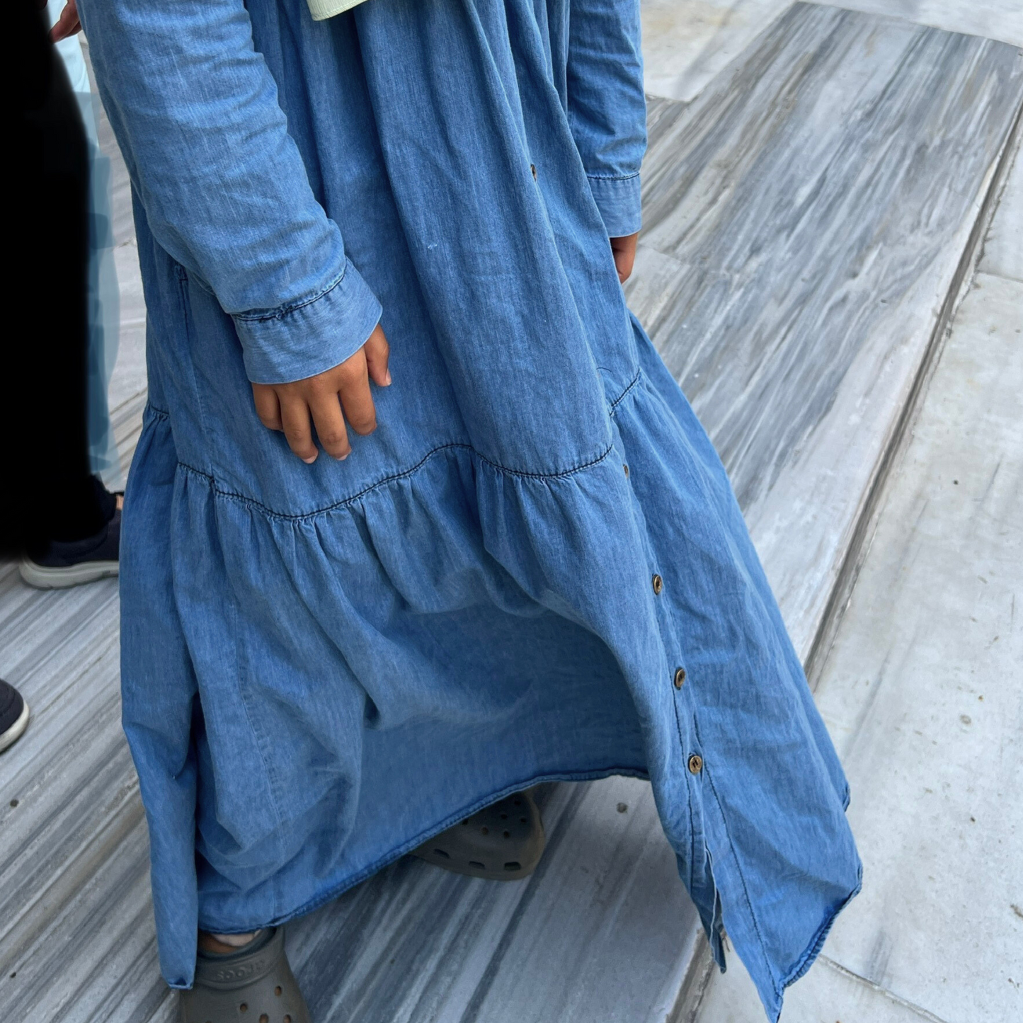 Girls Lightweight Cotton Denim Tiered Maxi Dress Abaya - Modest Dressing