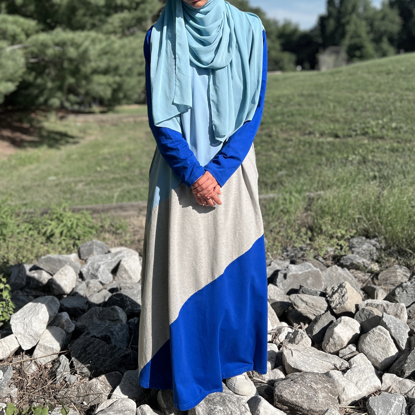 Girls Pink Long Sleeve Cotton Jersey Striped A-line Maxi Dress Abaya w/2 pockets - Modest & Stylish