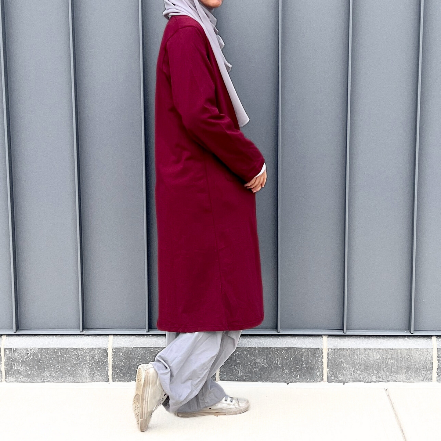 Girls Maroon 100% Cotton Jersey Open Front Cardigan Abaya w/Pockets- Knee Length