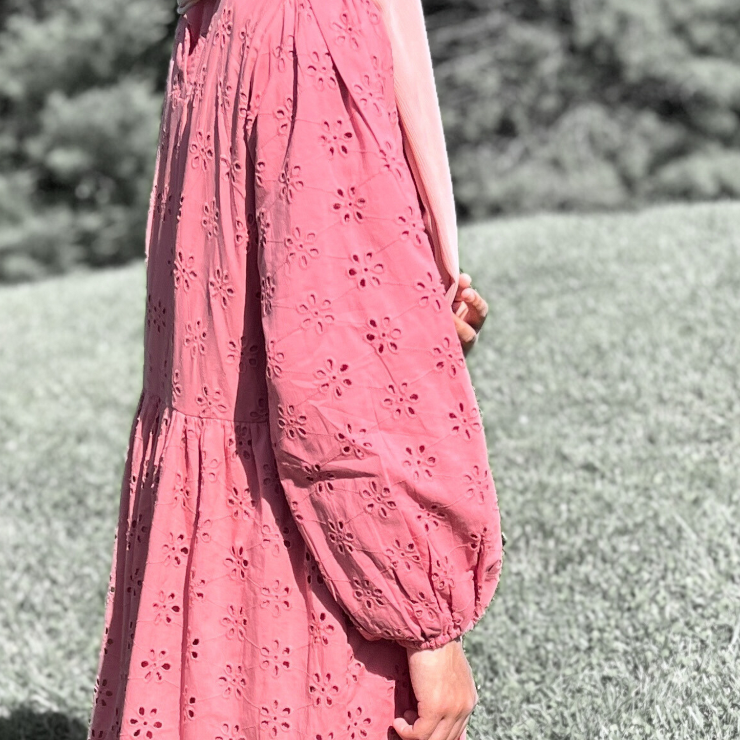 Girl's Long Sleeve Peach Cotton Eyelet Maxi Dress - Fully Lined - Modest Formalwear for Teens & Tweens