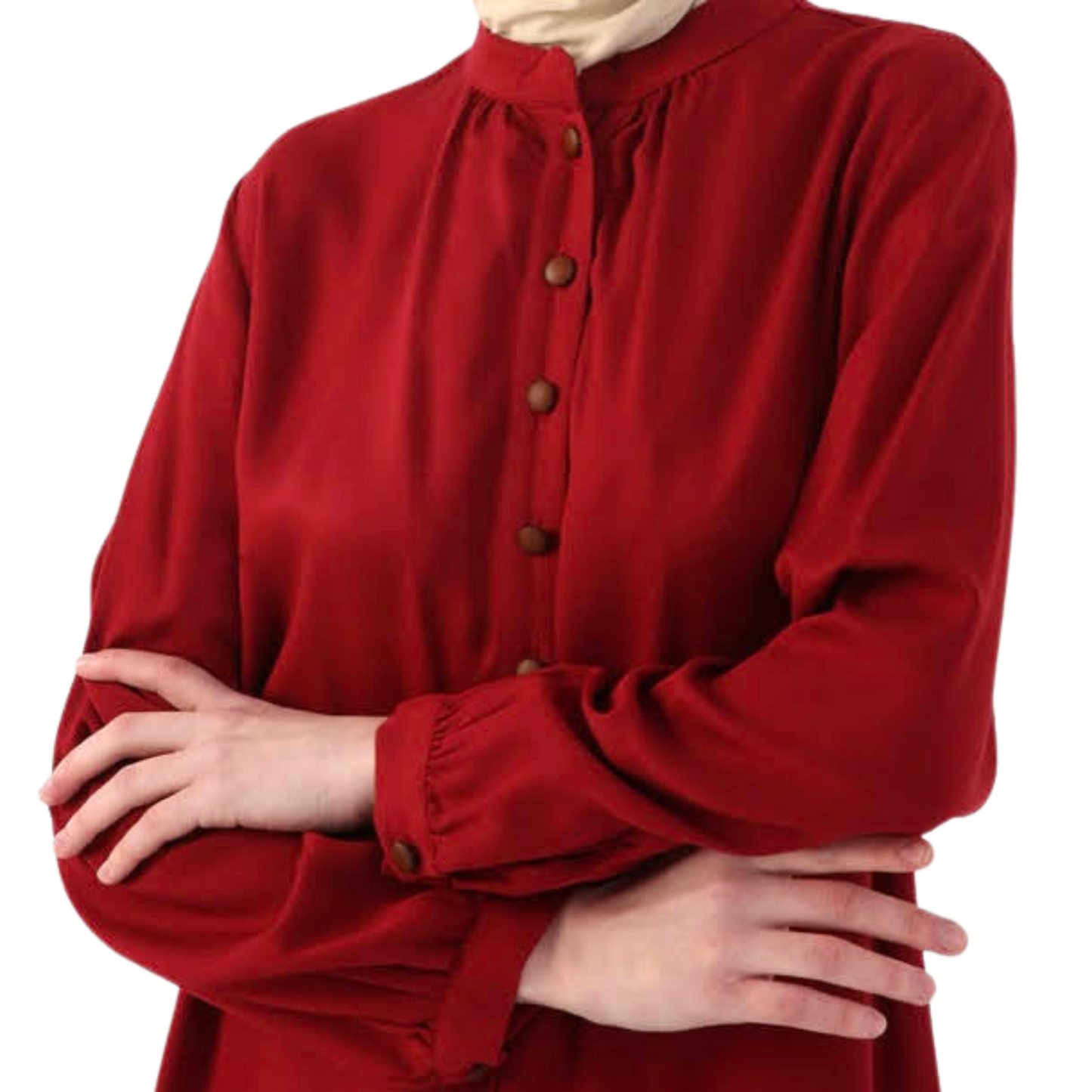 Girls Deep Red Long Sleeve Tunic with Button Yoke - Modest Casualwear for Teens & Tweens