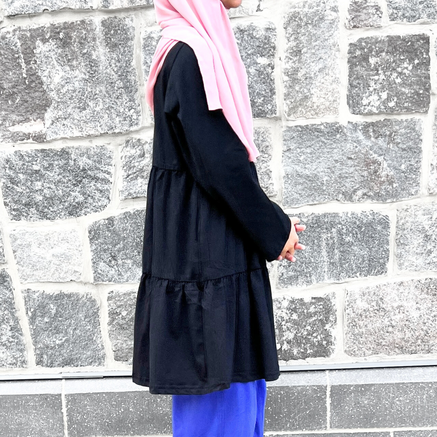 Girls Long Sleeve Black Tiered Cotton Shirt w/2 Pockets - Modest Casualwear for Teens & Tweens