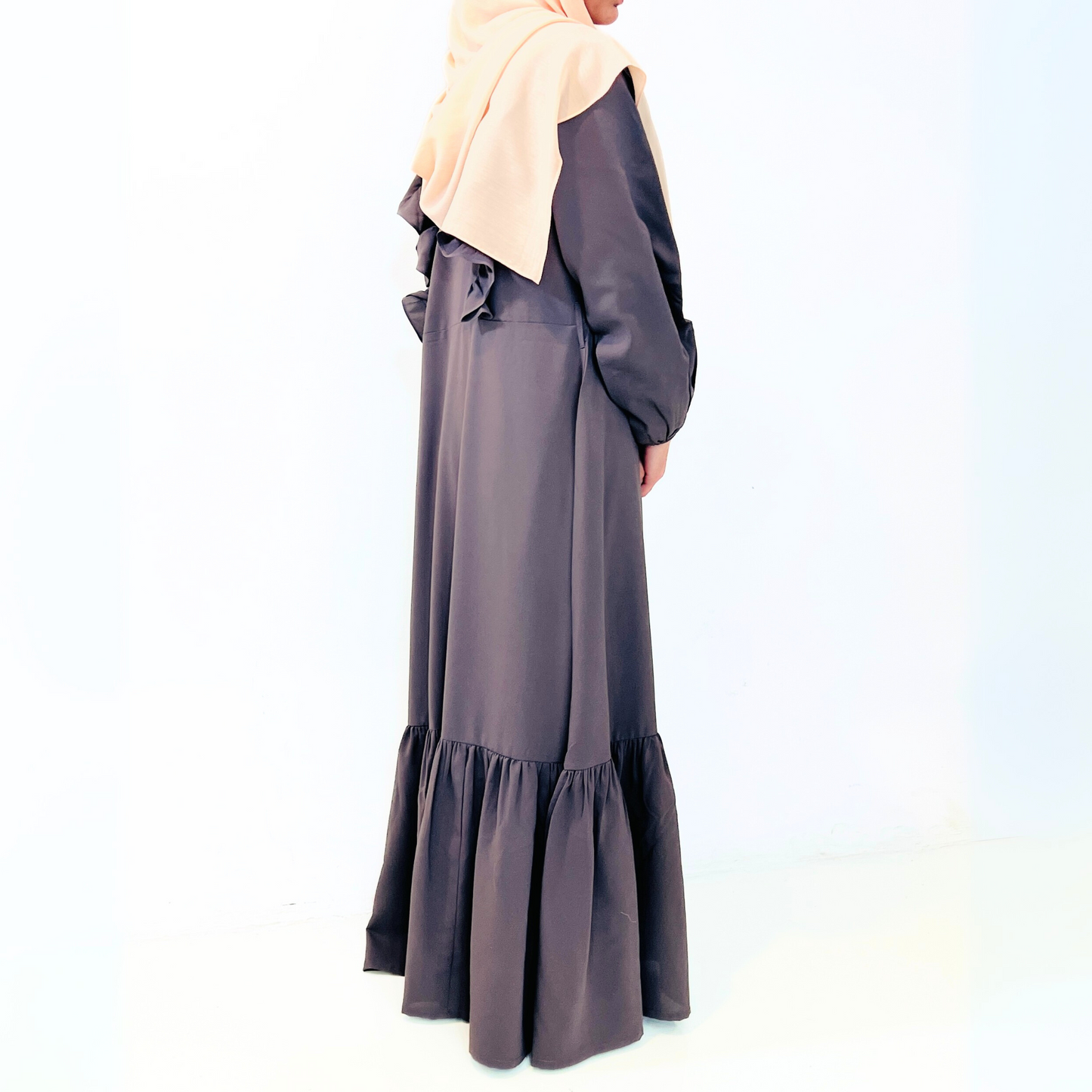 Girls Long Sleeve Smoky Grey Purple Ruffled Maxi Dress - Modest Formalwear for Teens & Tweens