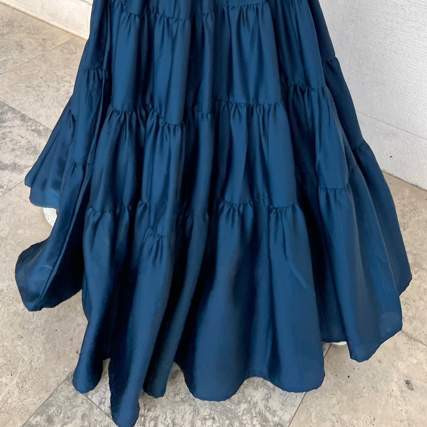 Girls Long Sleeve Teal Blue Satin Tiered Maxi Dress - Modest Formalwear for Teens & Tweens