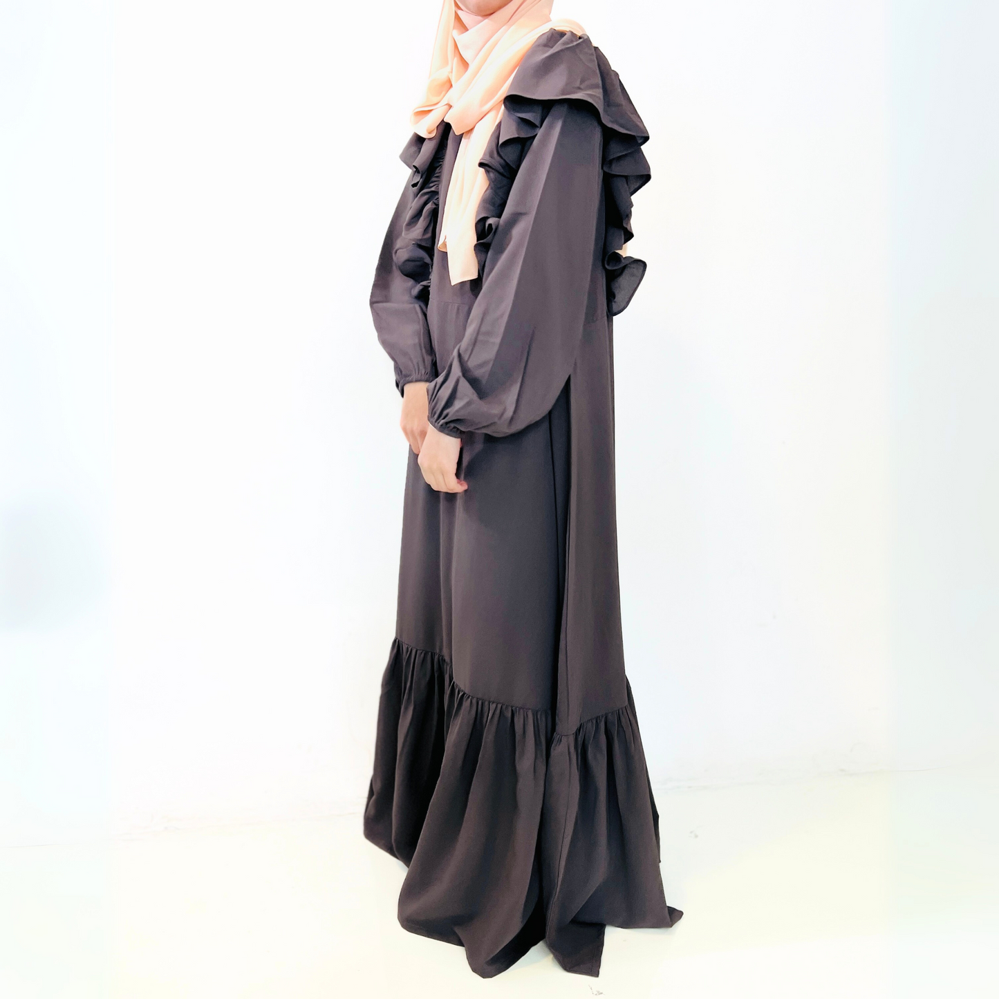 Girls Long Sleeve Smoky Grey Purple Ruffled Maxi Dress - Modest Formalwear for Teens & Tweens